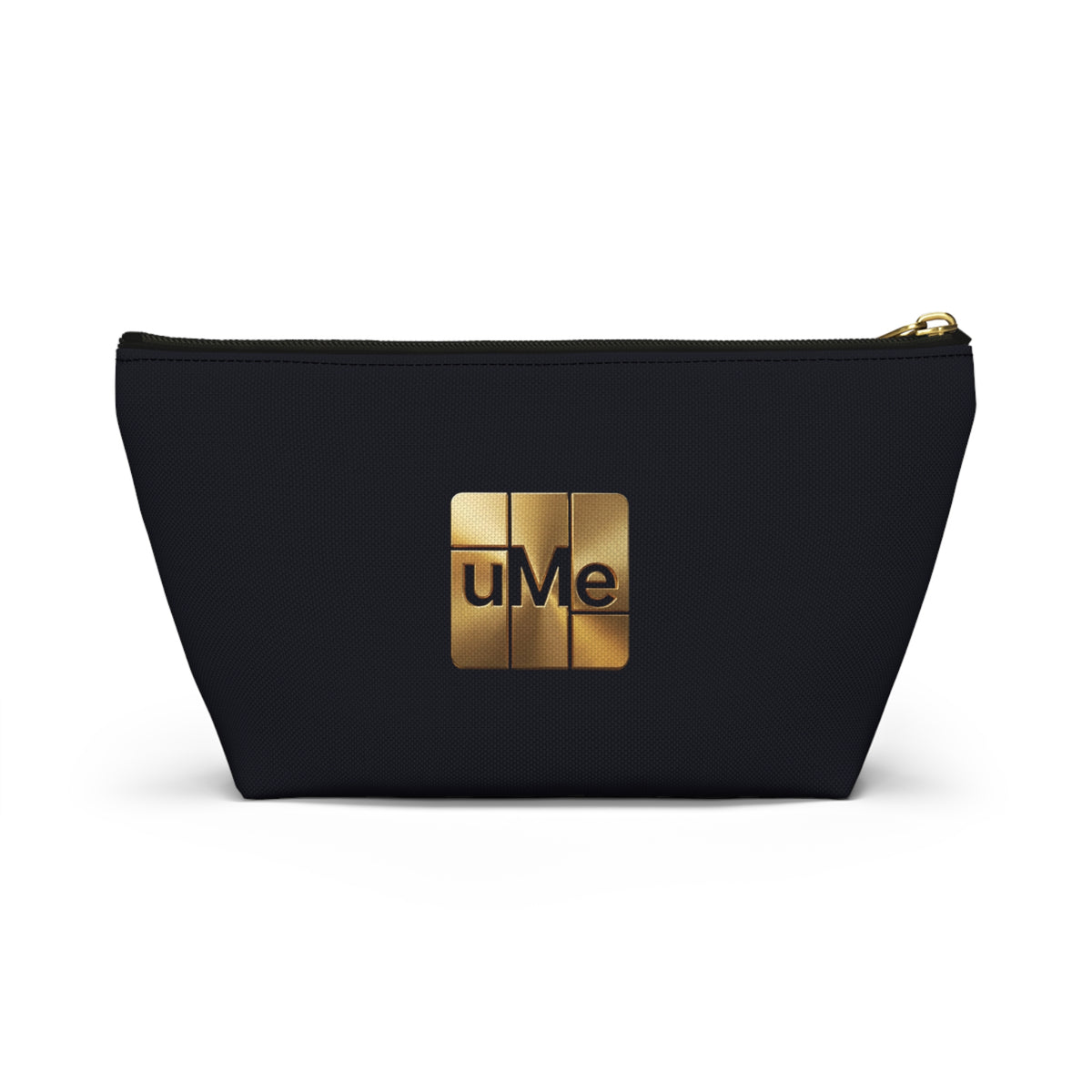 Gold uMe Logo Accessory Pouch — Black T‑Bottom Makeup & Travel Organizer