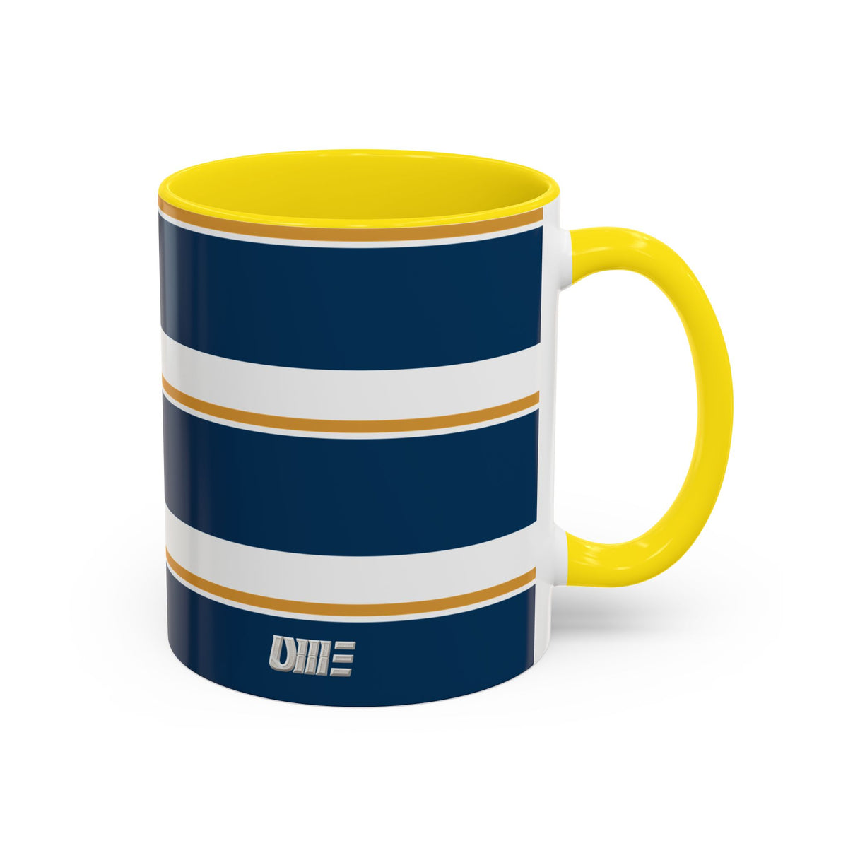 Navy and Gold Striped Accent Mug — White Ceramic