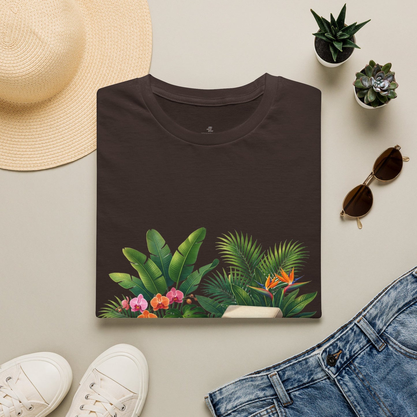 Tropical Lounge T-Shirt — Cozy Chair & Palm Floral Graphic Tee