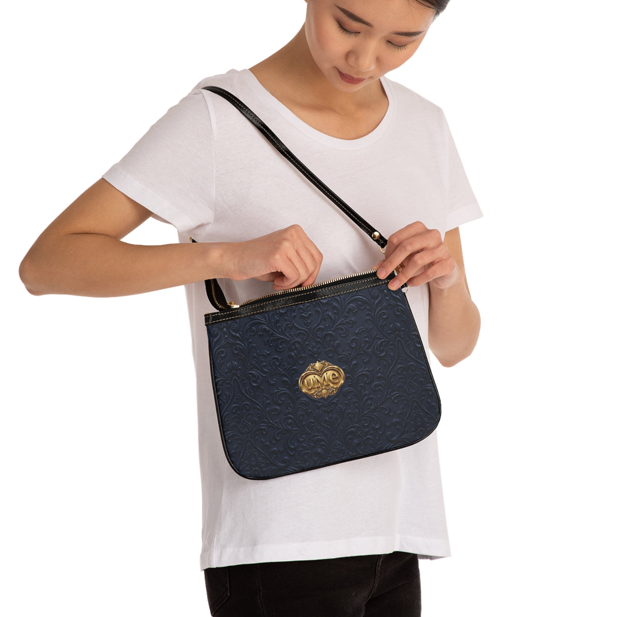 Navy UME Gold Crest Small Shoulder Bag — Faux Leather