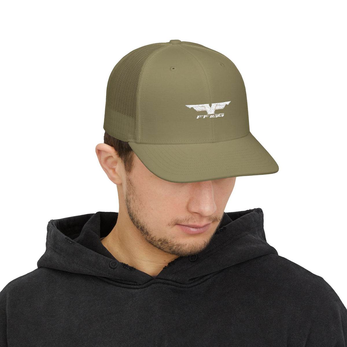 FFiGG Embroidered Snapback Trucker Cap — Black, Grey & Loden