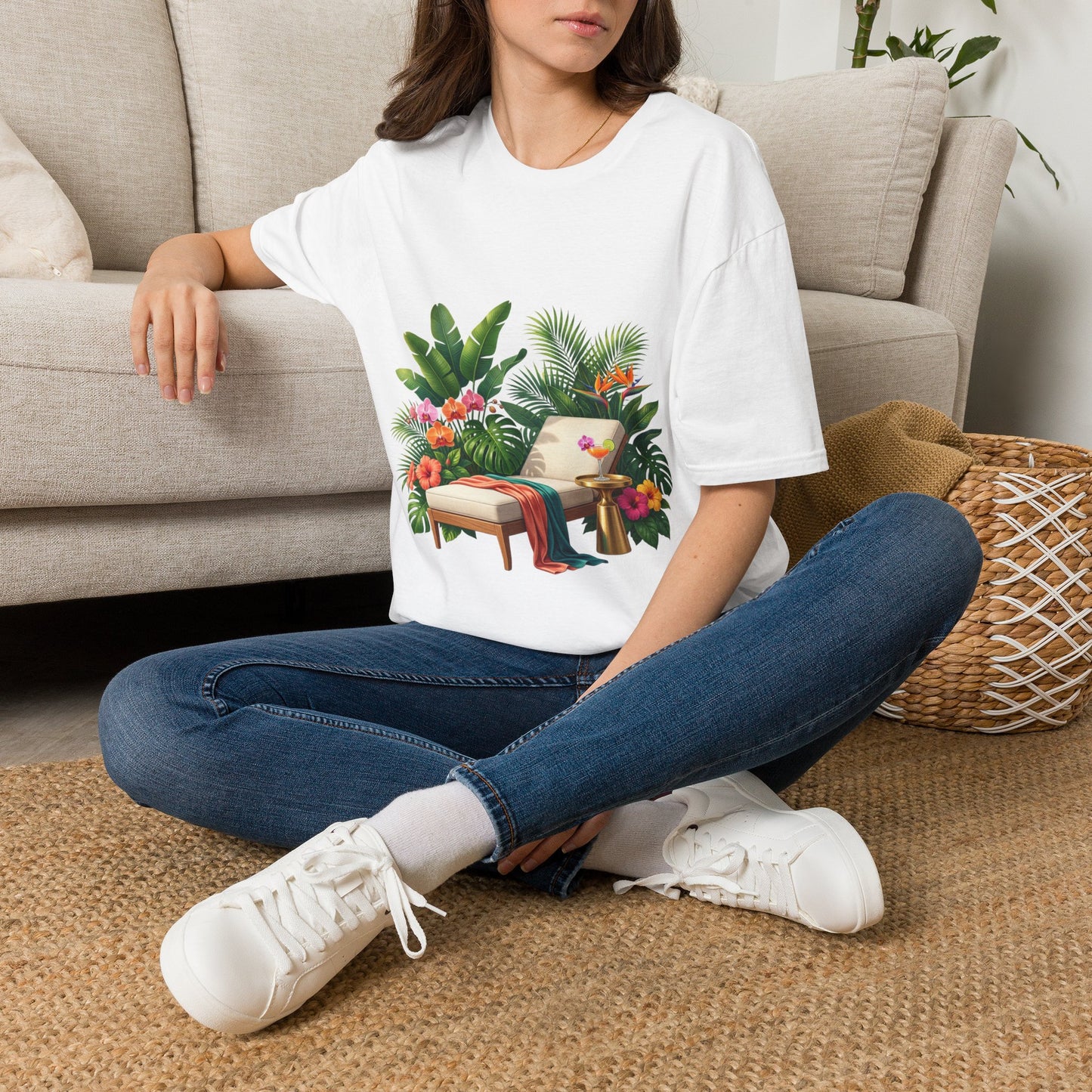 Tropical Lounge T-Shirt — Cozy Chair & Palm Floral Graphic Tee
