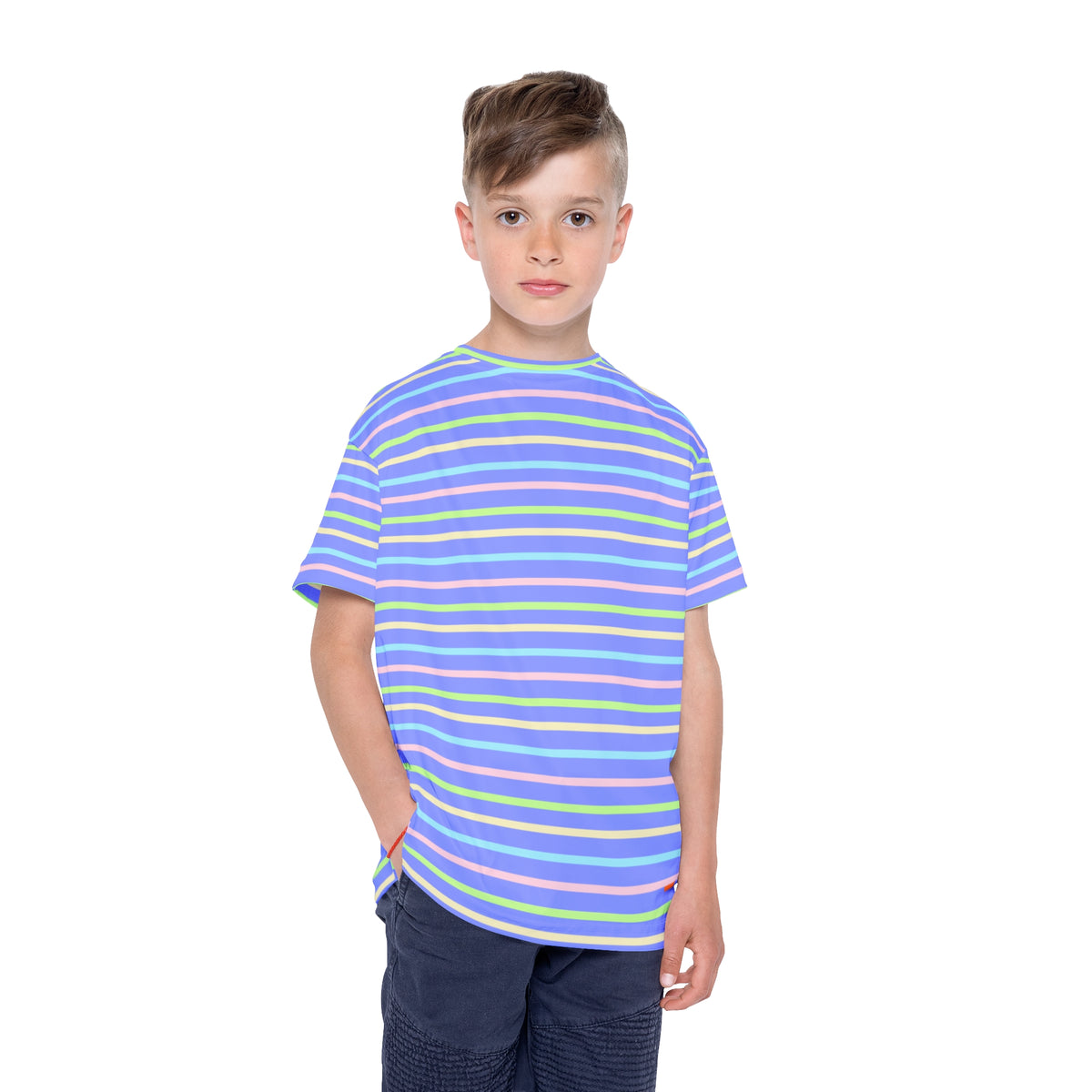 Kids Stripe Sports Jersey — Light Blue Rainbow Athletic Tee