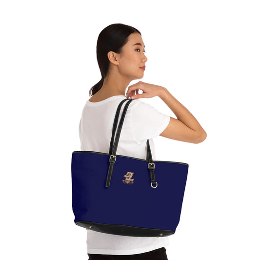 Royal Blue Smooth Monogram Tote Bag – BL Signature Cobalt PU Leather Shoulder Bag with Black Contrast