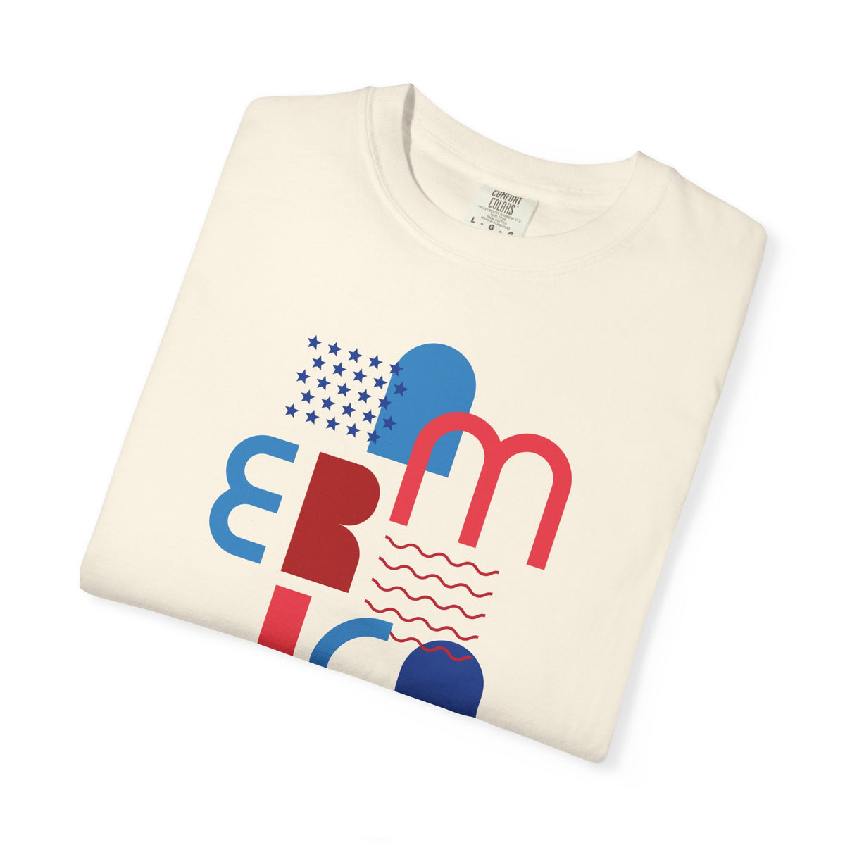 T-Shirt — Abstract 'America' Graphic Tee (Red & Blue Geometric Design)