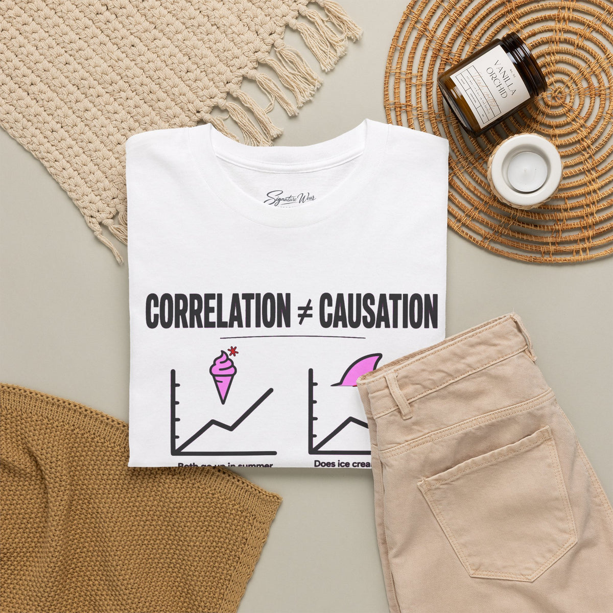 Correlation ≠ Causation Graphic Tee — White, Blue, Pink, Yellow & Neutral Bases