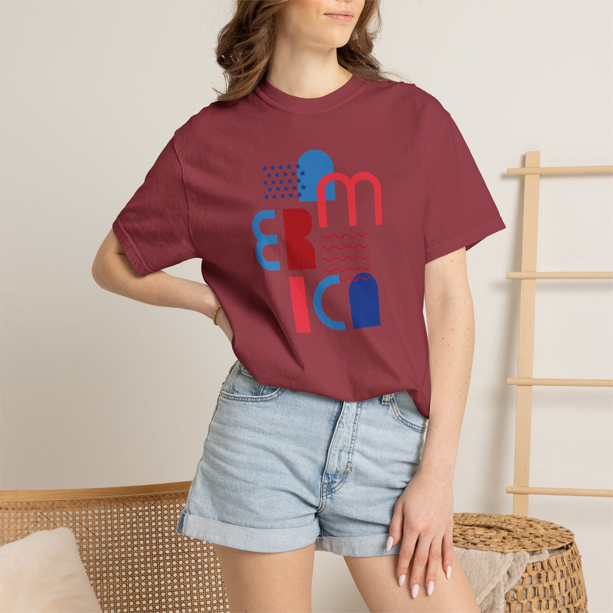 T-Shirt — Abstract 'America' Graphic Tee (Red & Blue Geometric Design)