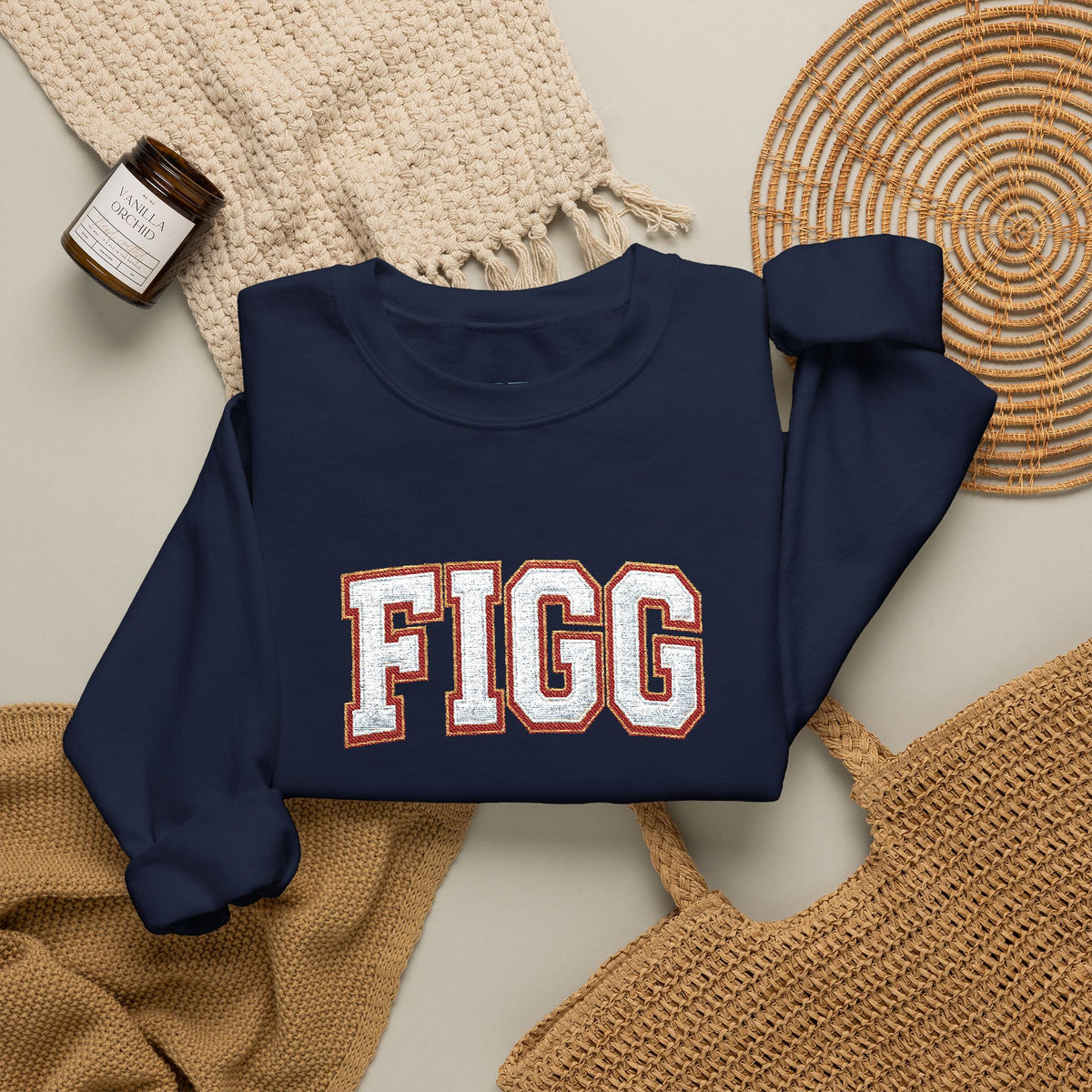 FFiGG Embroidered Collegiate Crewneck — Sport Grey, Black & More Colors