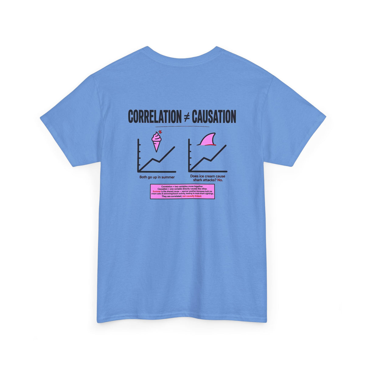 Correlation ≠ Causation Graphic Tee — White, Blue, Pink, Yellow & Neutral Bases