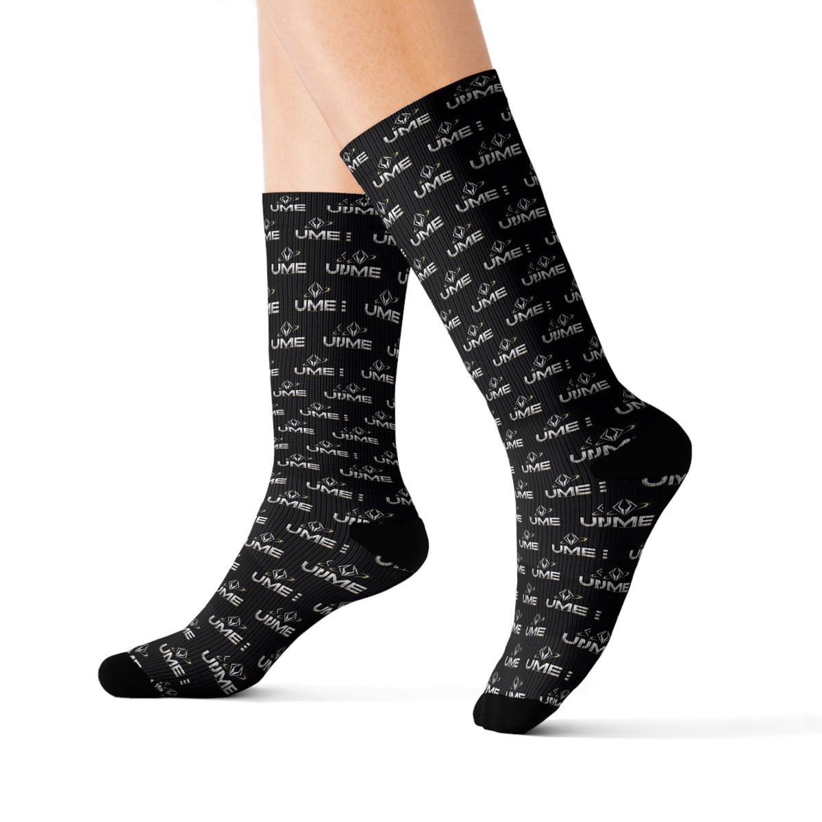 UME Monochrome Crew Socks — Black All-Over Sublimation Print
