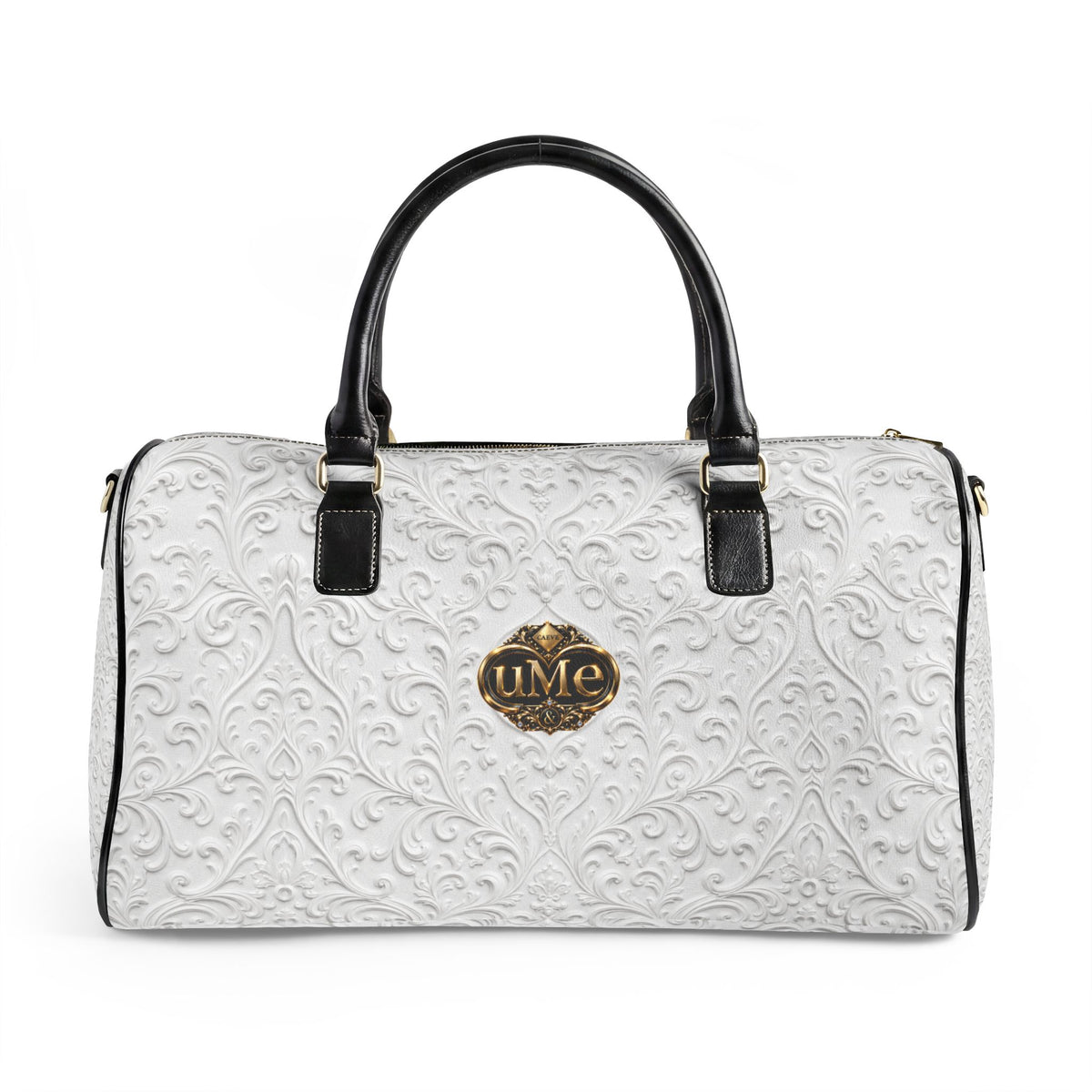 White Faux Leather Travel Bag — 'uMe' Gold Crest Weekender