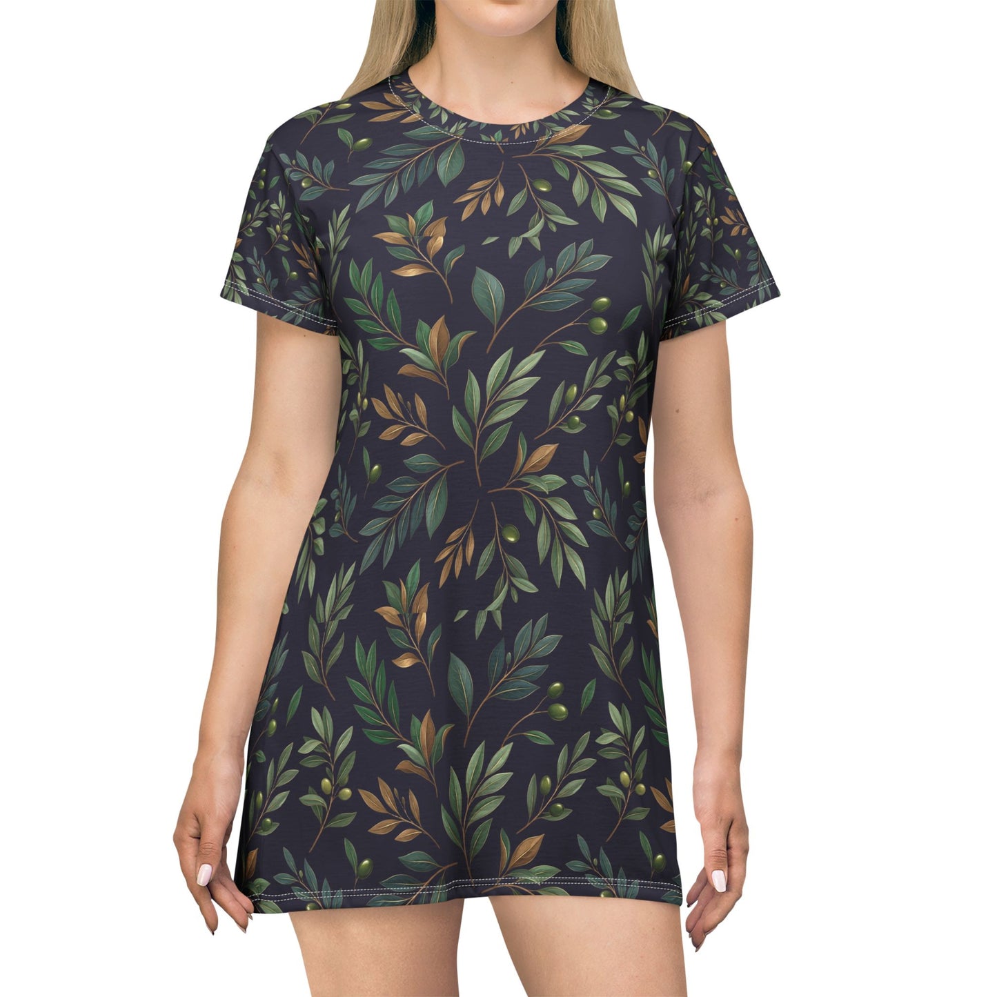 Botanical Vine T-Shirt Dress — Green & Earthy All-Over Print