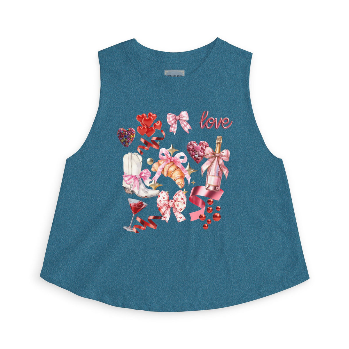 Valentine's Love Collage Crop Top — Women's Romantic Heart & Champagne Graphic