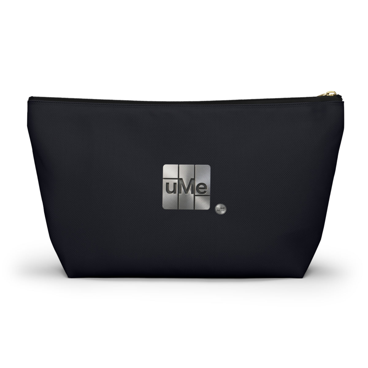Accessory Pouch — Sleek Black T‑Bottom Cosmetic & Tech Organizer with Metallic 'uMe' Logo