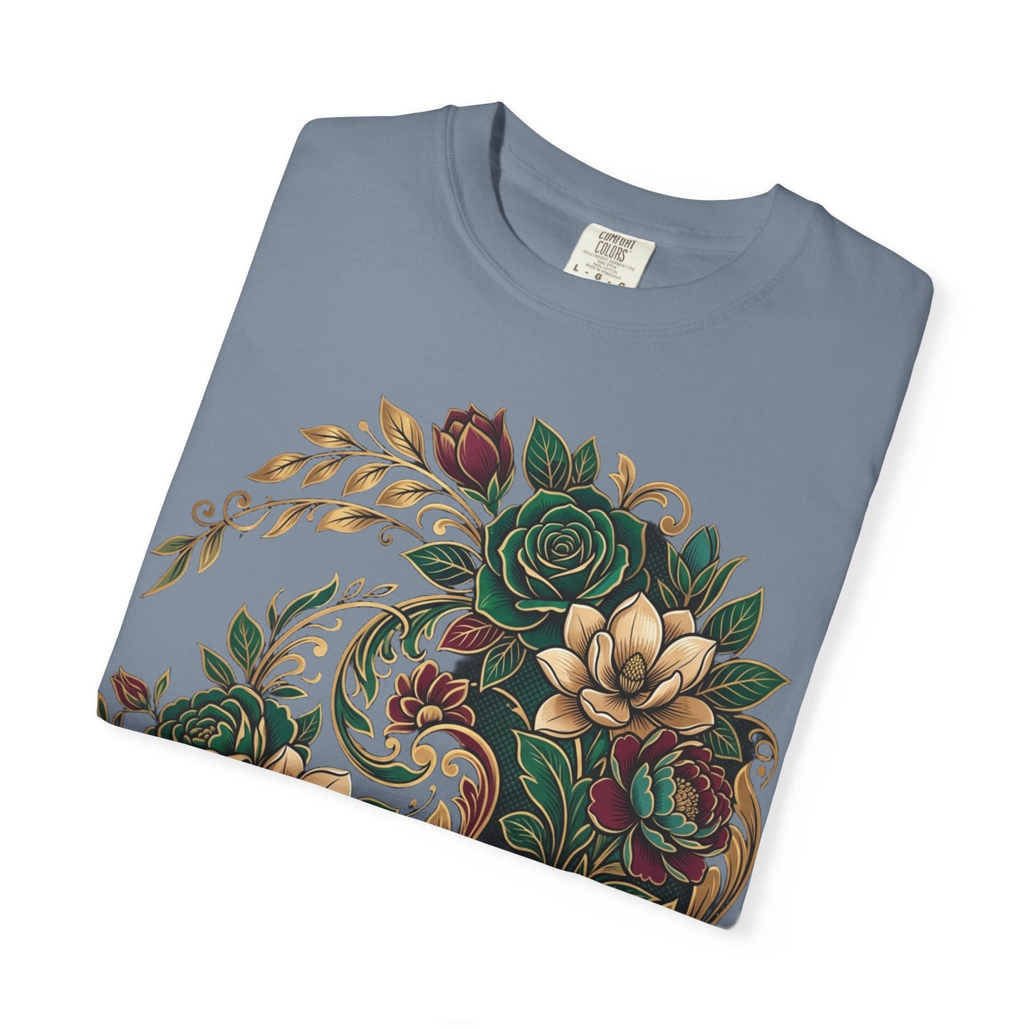 Floral Yin Yang T-Shirt — Vintage Green & Gold Rose Graphic Tee