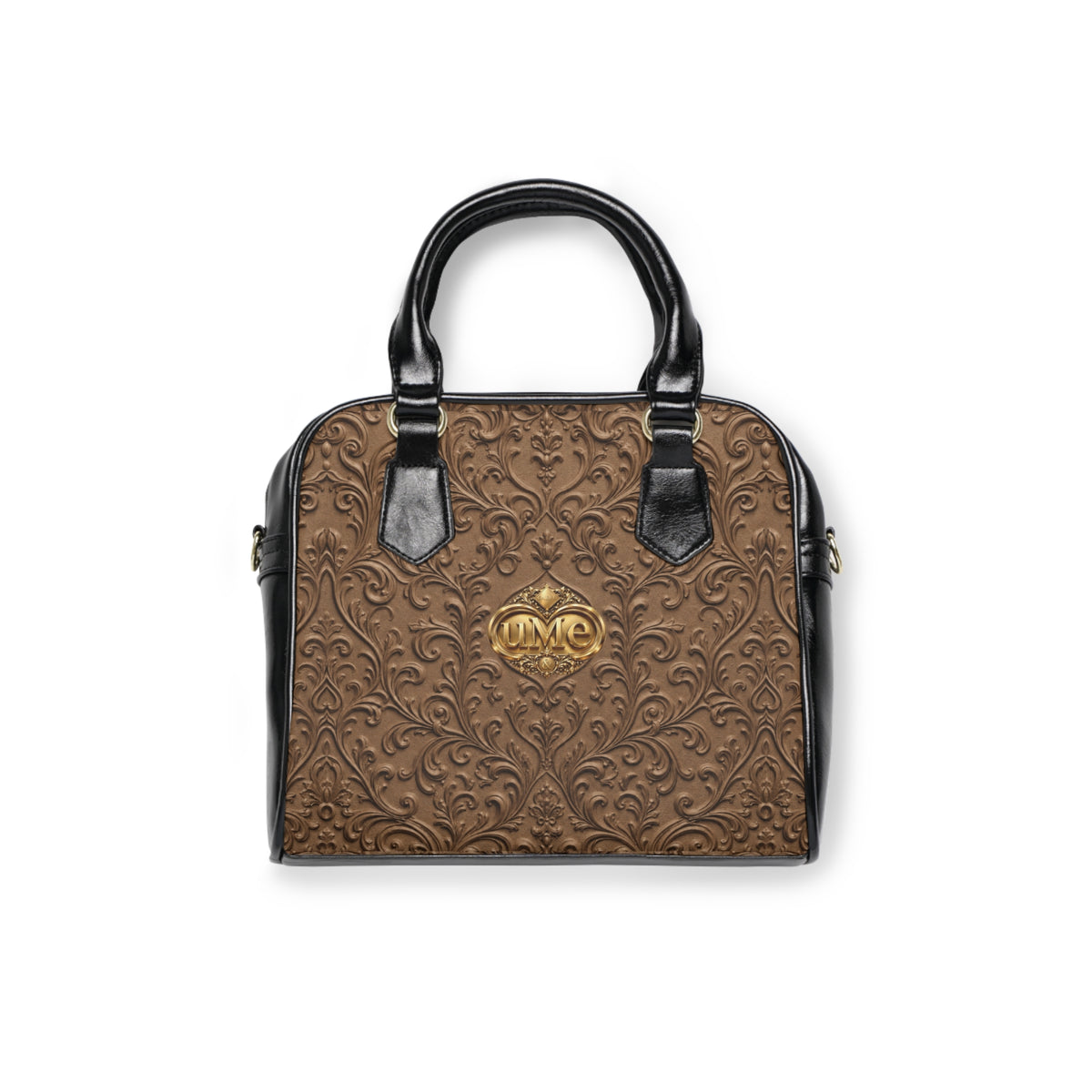 Brown UME Gold Crest Shoulder Handbag — Faux Leather Scroll Print