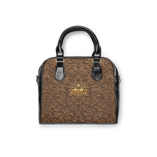 Brown UME Gold Crest Shoulder Handbag — Faux Leather Scroll Print