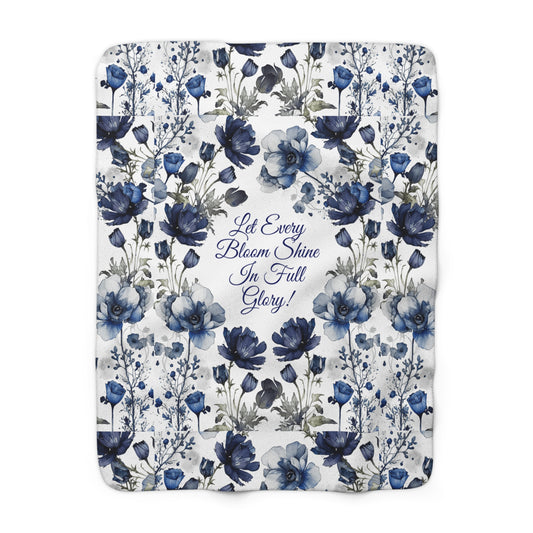 Blue Floral Sherpa Blanket – "Let Every Bloom Shine in Full Glory" Plush Fleece Throw