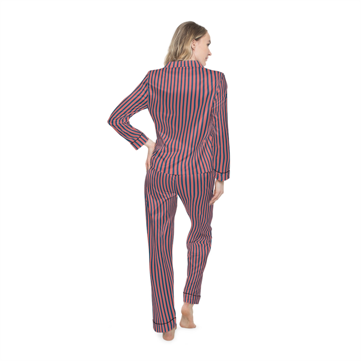 UME Striped Satin Women's Pajama Set — Coral Pink All-Over Print