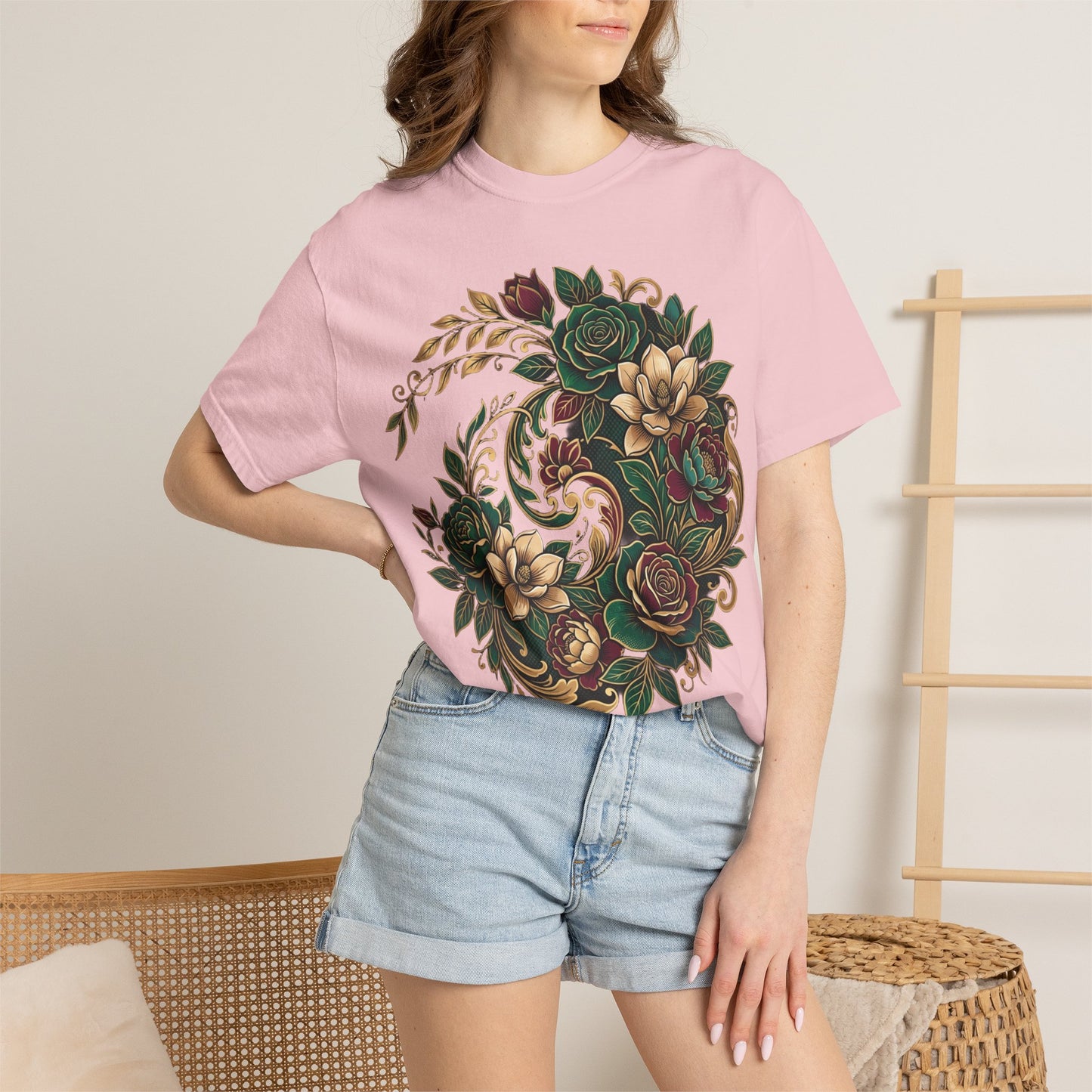 Floral Yin Yang T-Shirt — Vintage Green & Gold Rose Graphic Tee
