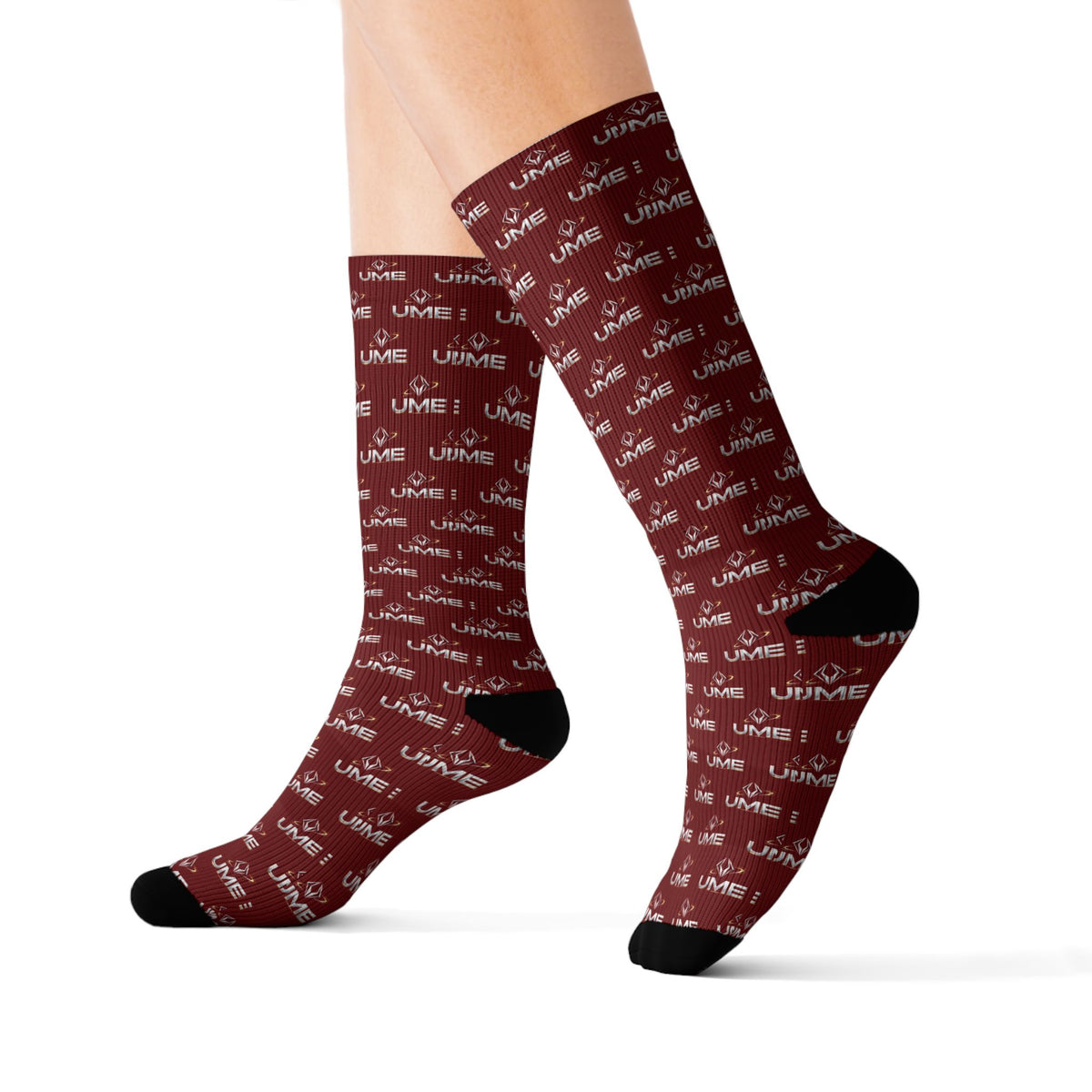 UME Monochrome Crew Socks — Burgundy All-Over Sublimation Print