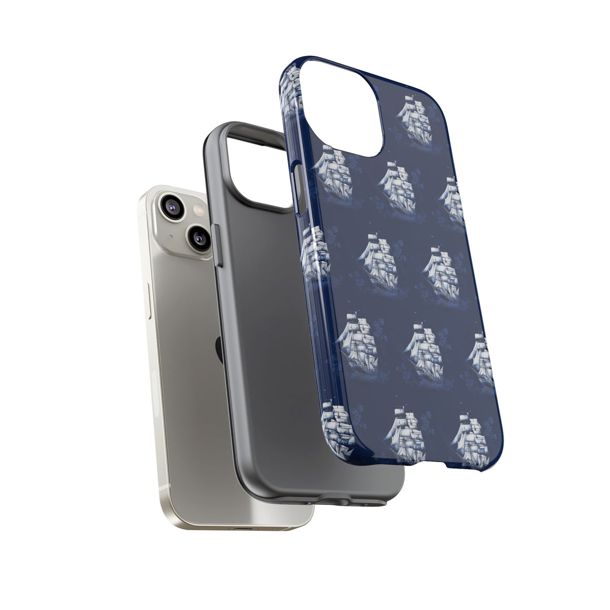 Navy Sailing Ship Phone Case — Navy Blue Vintage Nautical All-Over Print