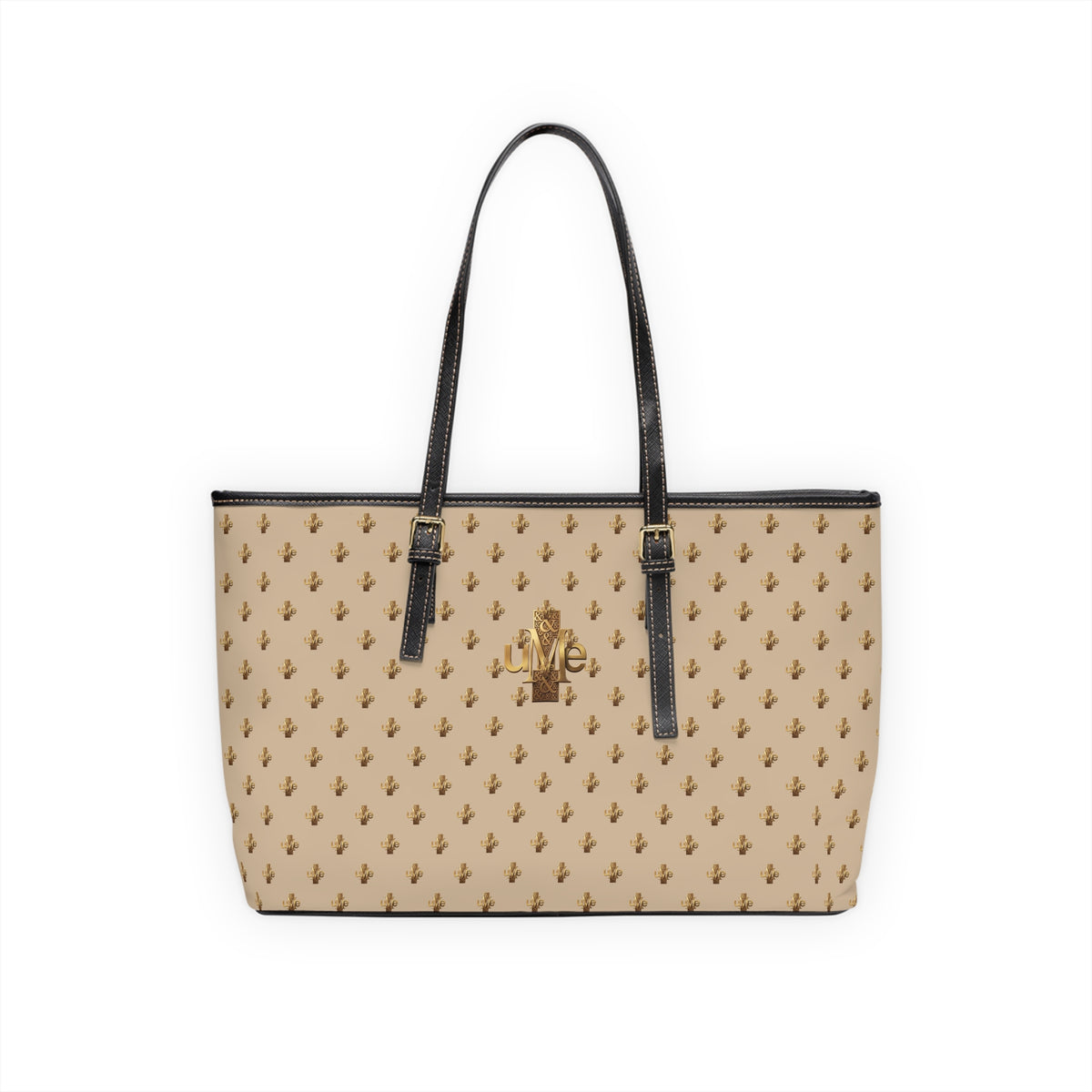 Beige PU Leather Shoulder Tote — Gold uMe Cross Logo Handbag