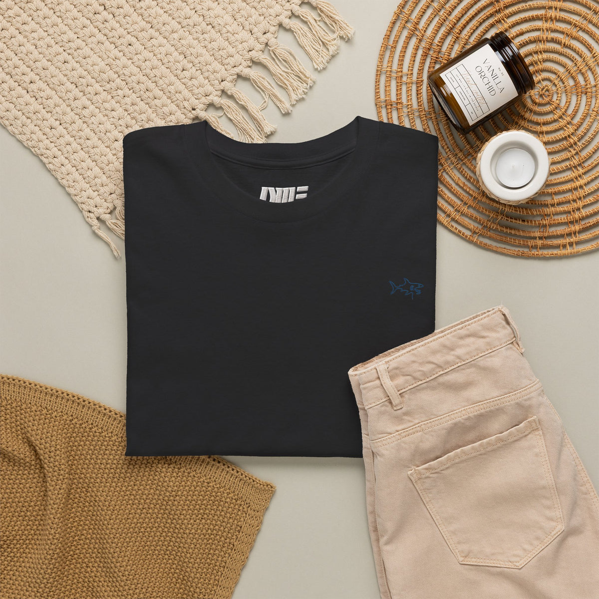 Minimalist string design Fish Tee — Small Chest Fish & Back 'OWE' Graphic