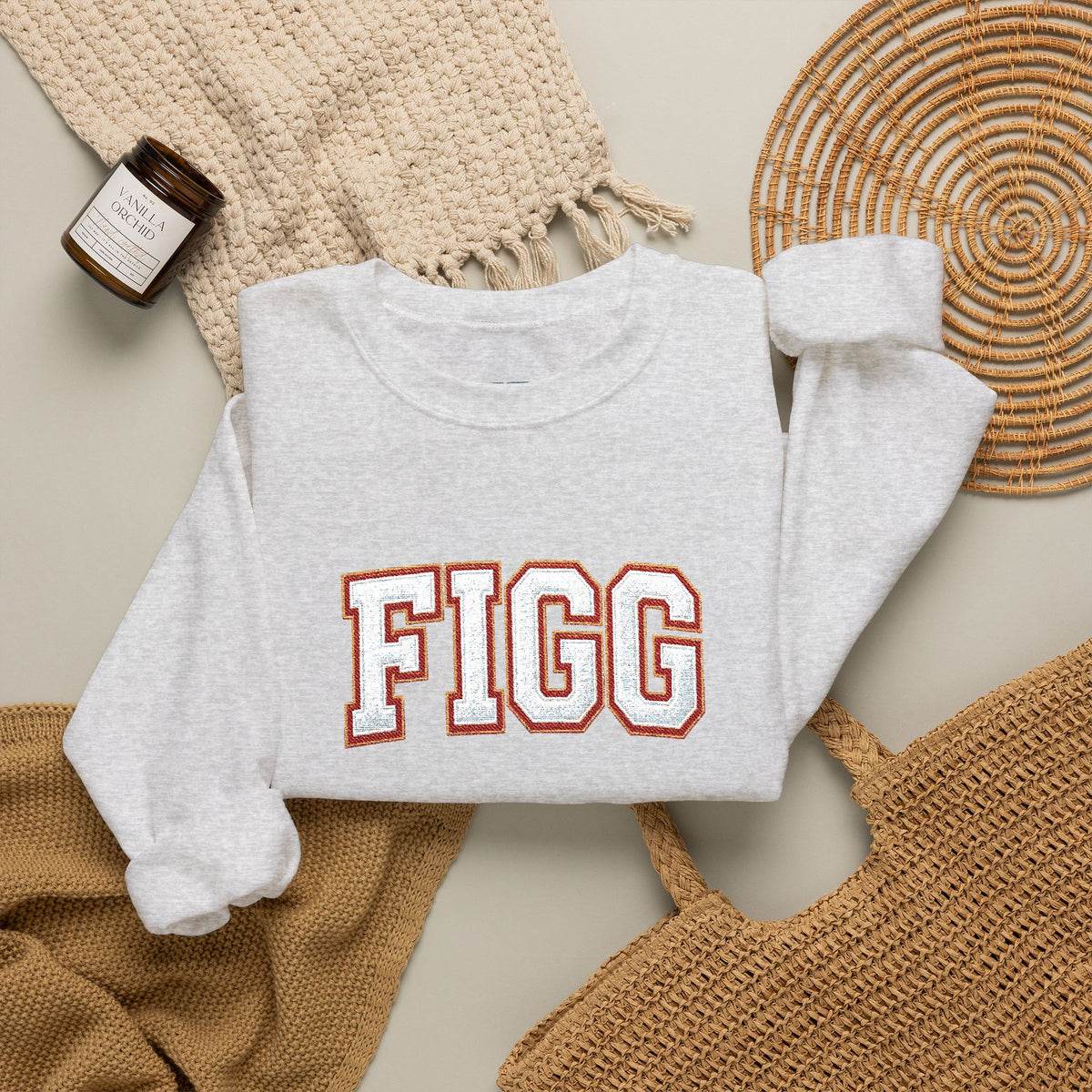 FFiGG Embroidered Collegiate Crewneck — Sport Grey, Black & More Colors