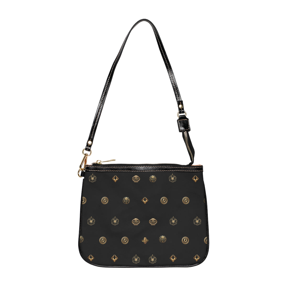 Black Monogram Small Shoulder Bag – Gold Emblem Print PU Leather Purse