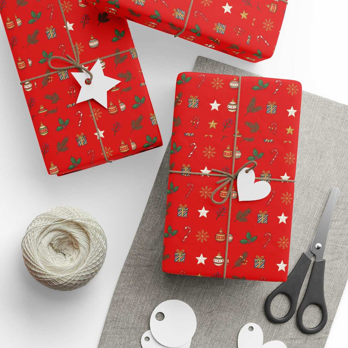 Christmas Wrapping Paper Roll — Red Holiday Ornaments Pattern