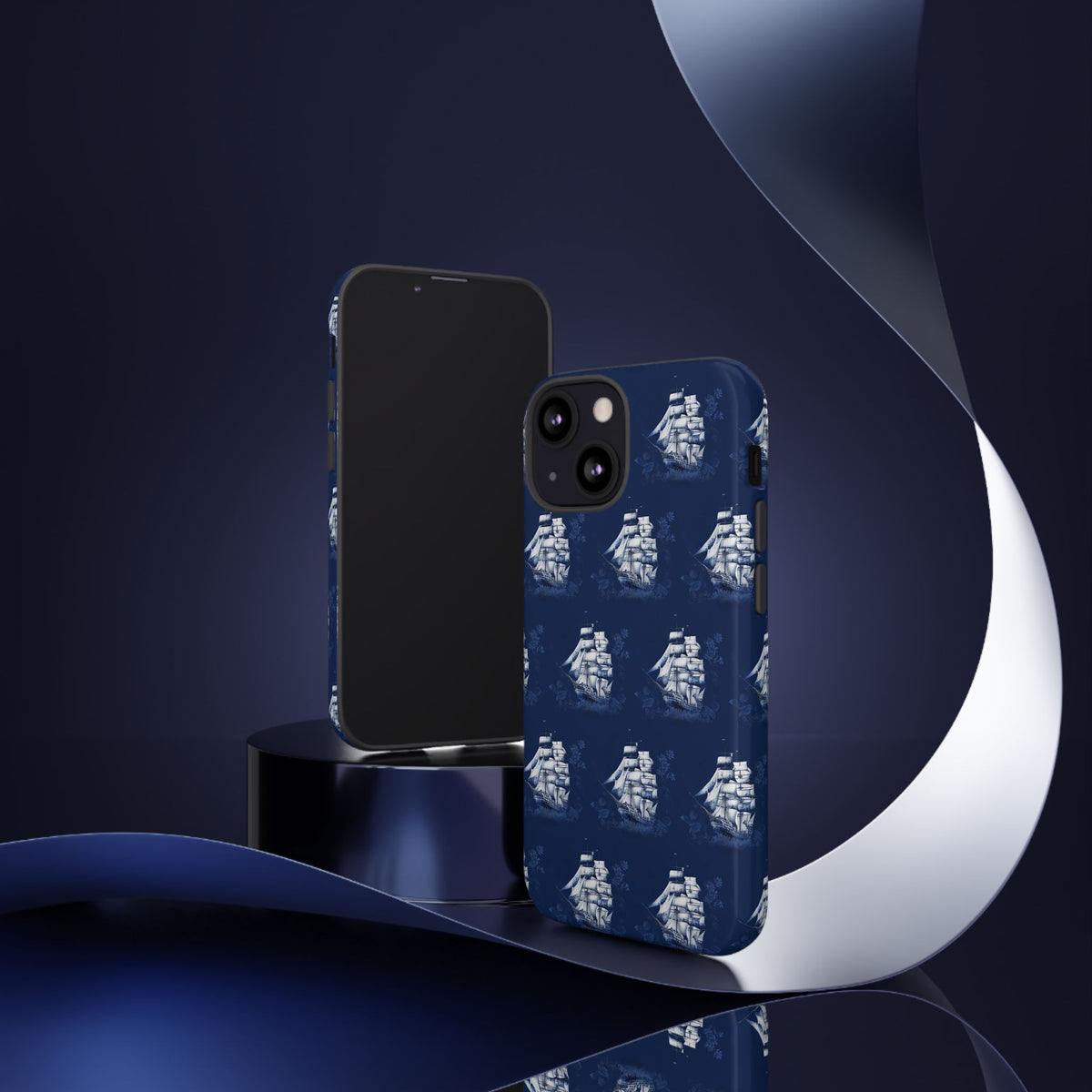 Navy Sailing Ship Phone Case — Navy Blue Vintage Nautical All-Over Print