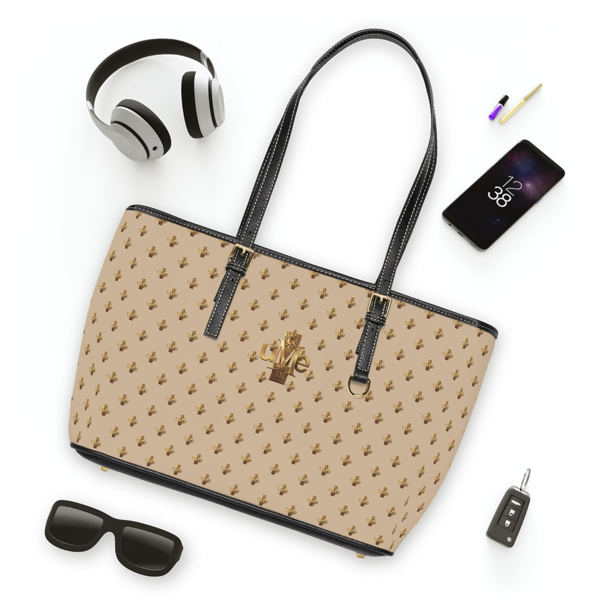 Beige PU Leather Shoulder Tote — Gold uMe Cross Logo Handbag