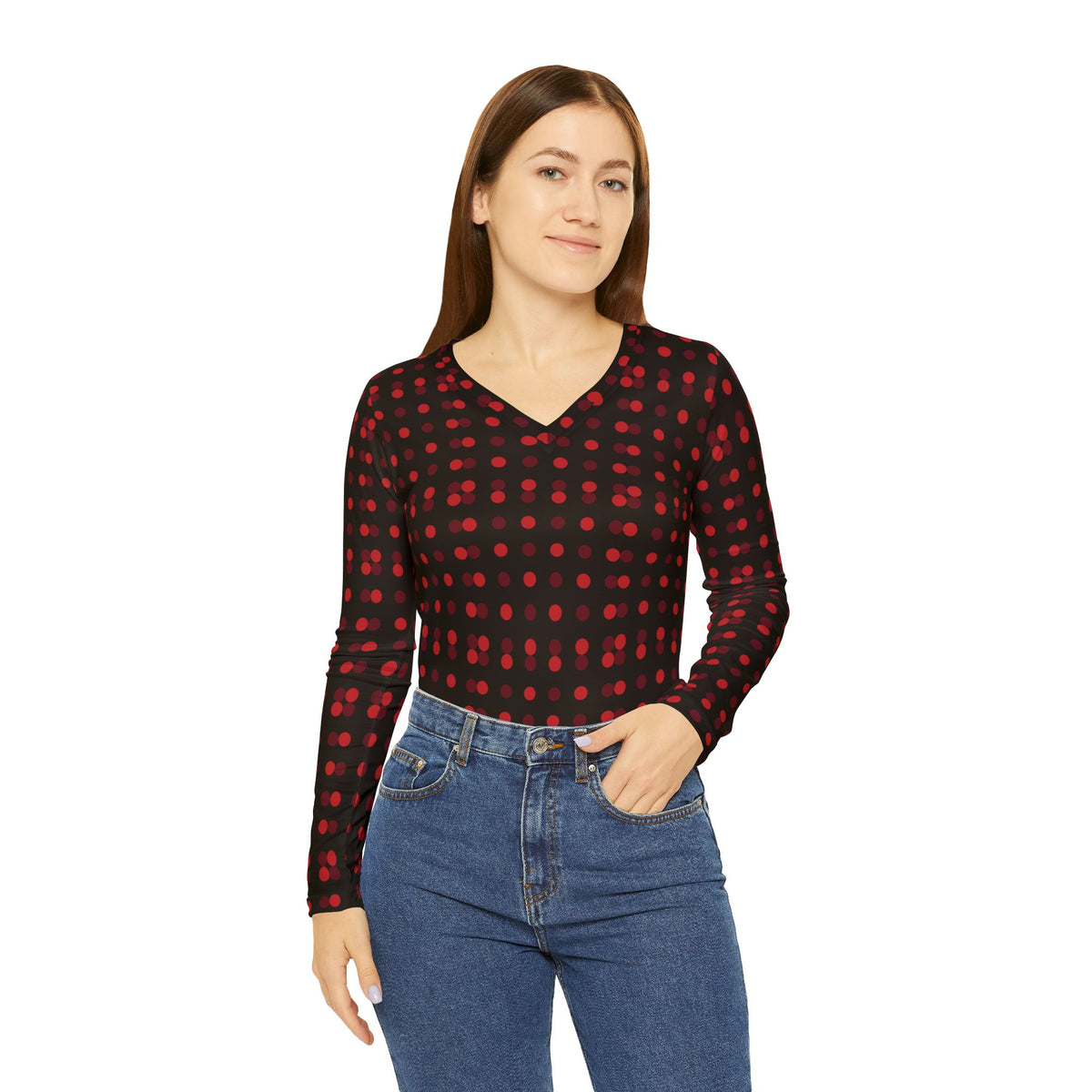 Women's V-Neck Long Sleeve Shirt — Red & Black Polka Dot Pattern