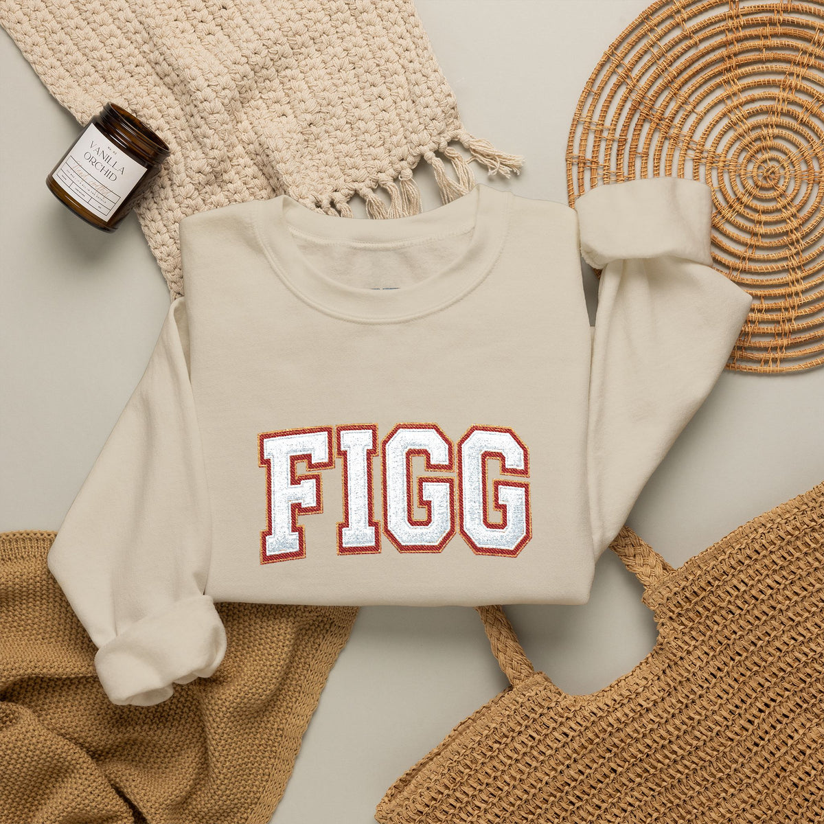 FFiGG Embroidered Collegiate Crewneck — Sport Grey, Black & More Colors