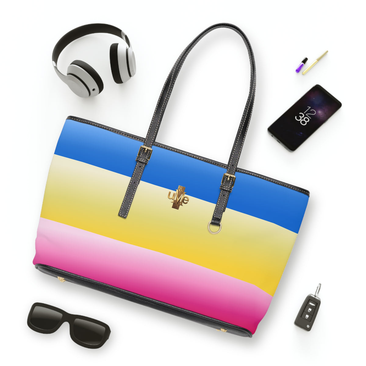 Colorblock Shoulder Bag — Black PU Leather Tote with Blue Yellow Pink Stripes