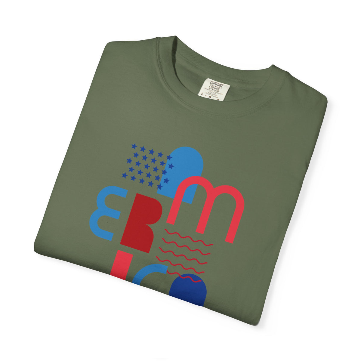 T-Shirt — Abstract 'America' Graphic Tee (Red & Blue Geometric Design)