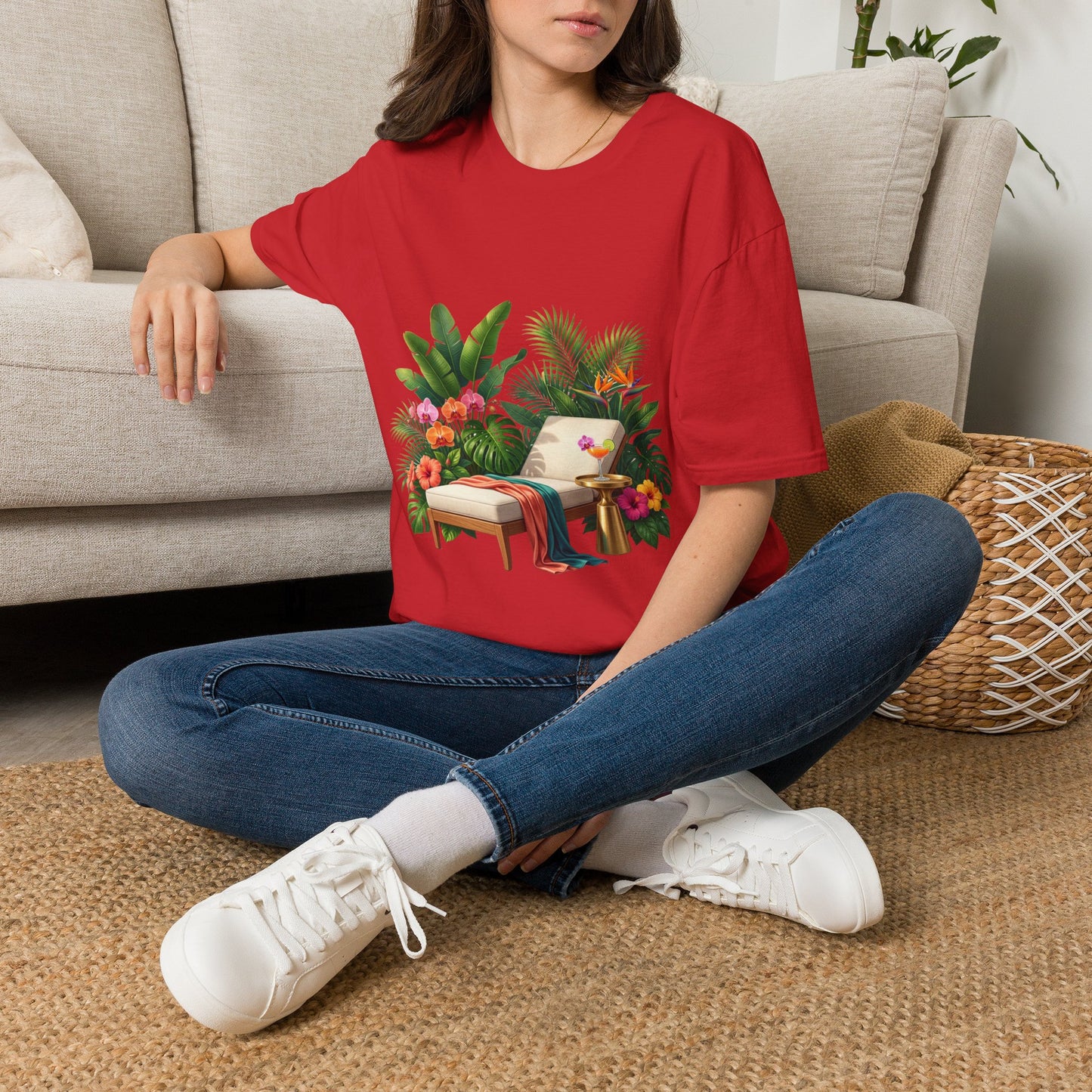 Tropical Lounge T-Shirt — Cozy Chair & Palm Floral Graphic Tee