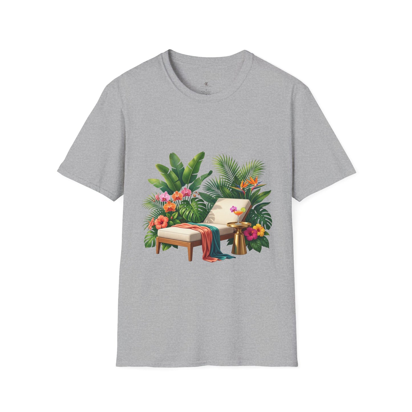 Tropical Lounge T-Shirt — Cozy Chair & Palm Floral Graphic Tee