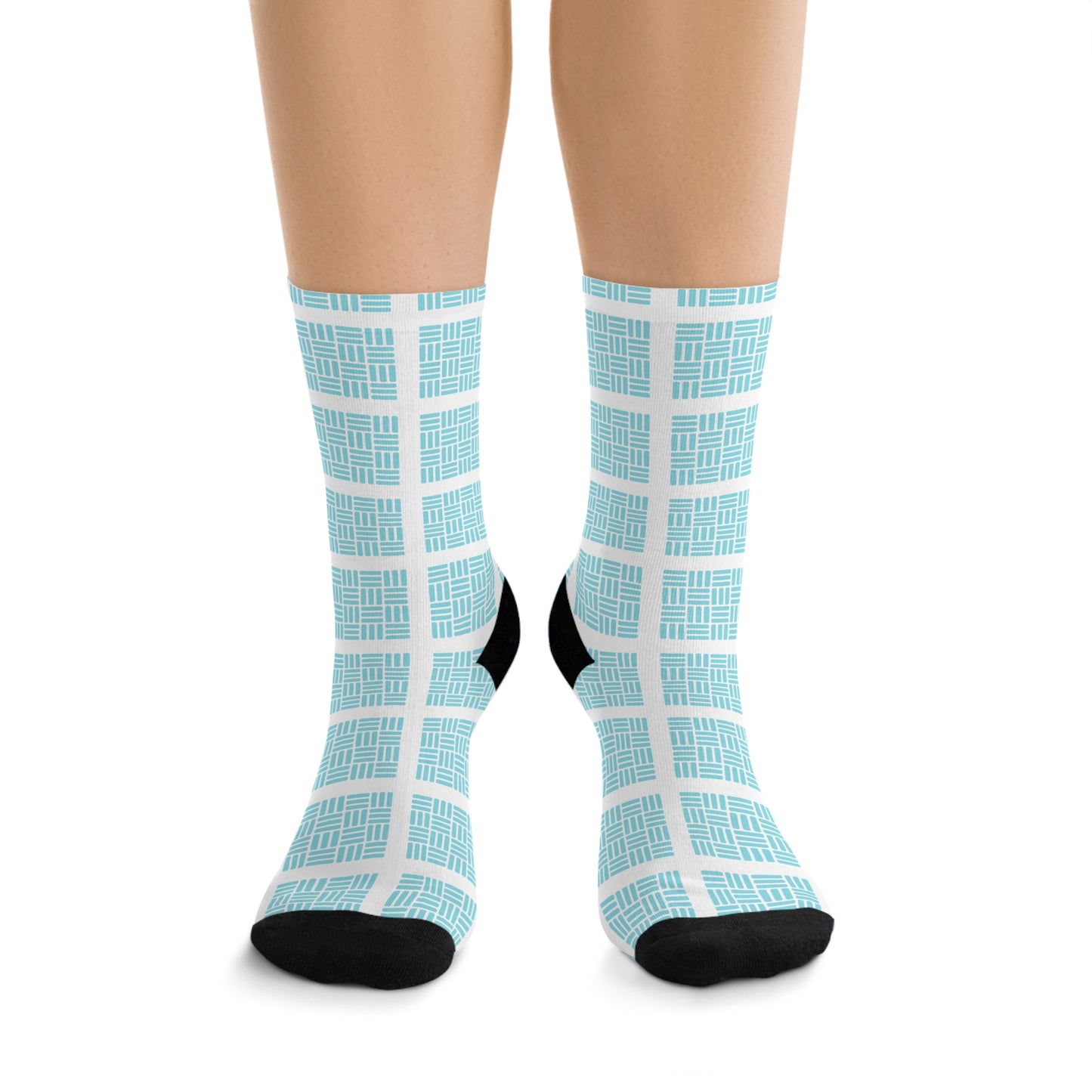 Aqua Plaid Socks — Recycled Polyester Crew Socks, Eco-Friendly Casual Wear