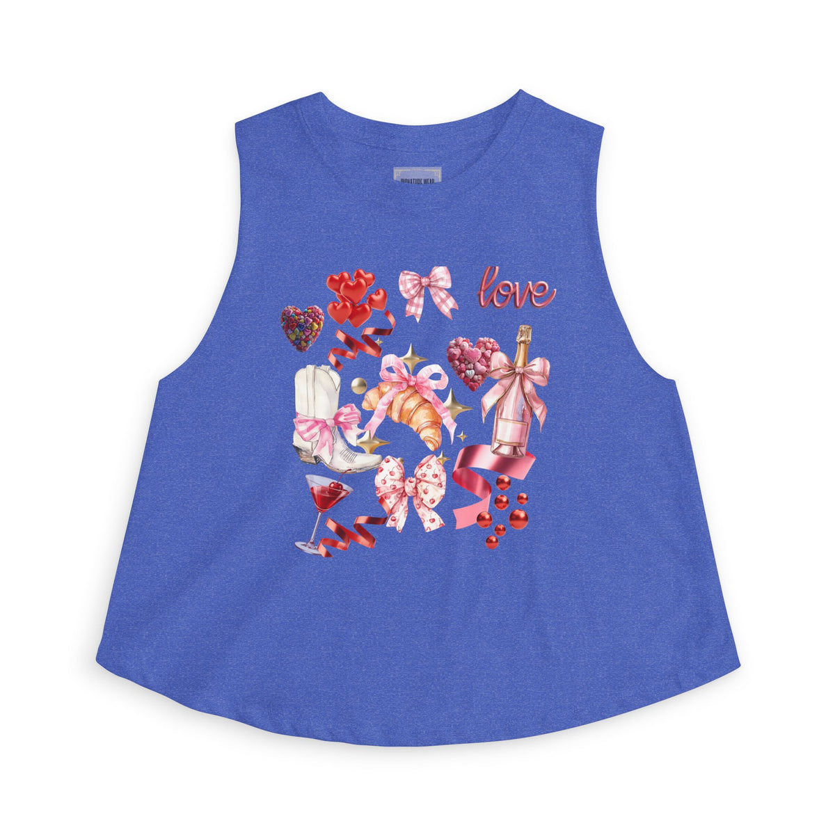 Valentine's Love Collage Crop Top — Women's Romantic Heart & Champagne Graphic