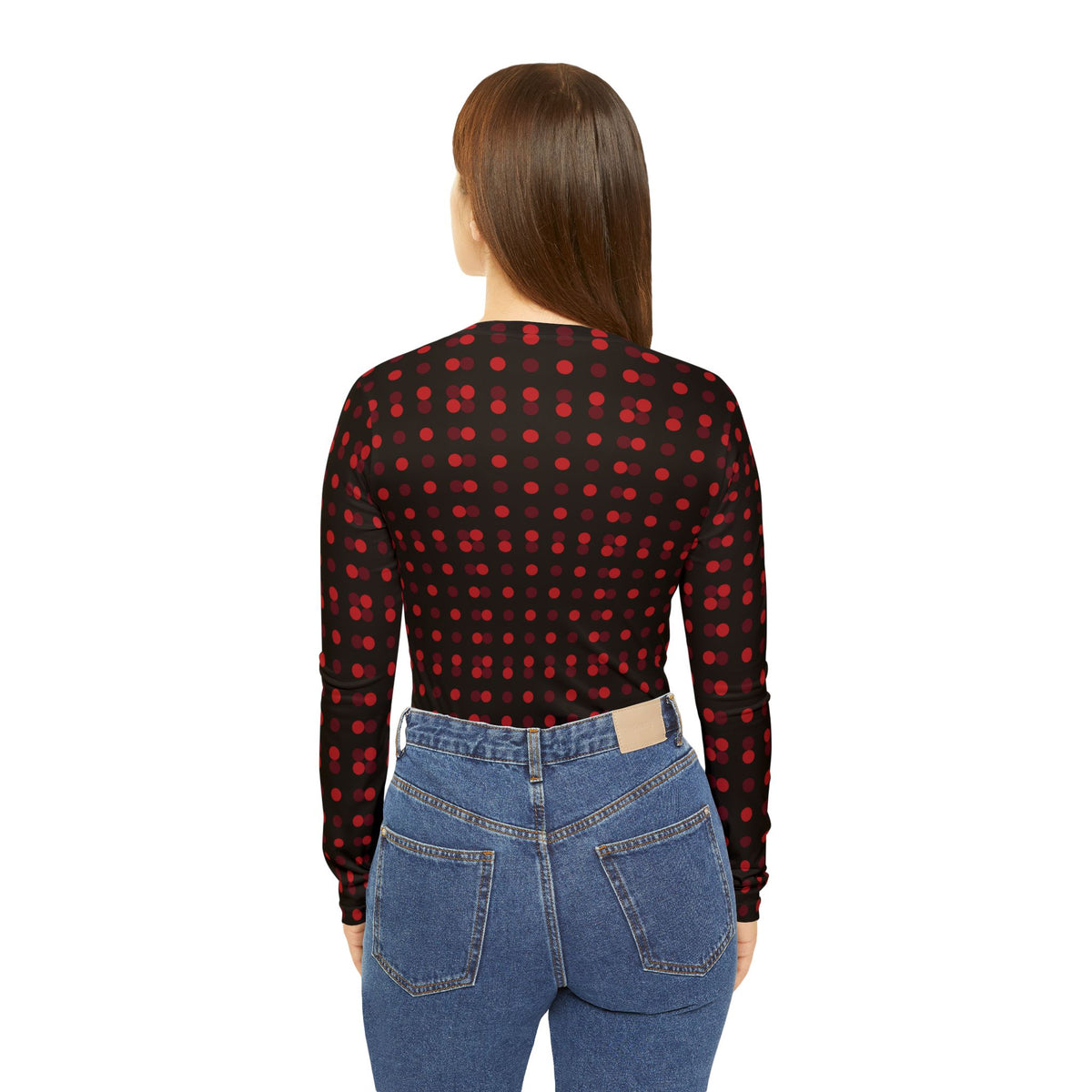 Women's V-Neck Long Sleeve Shirt — Red & Black Polka Dot Pattern