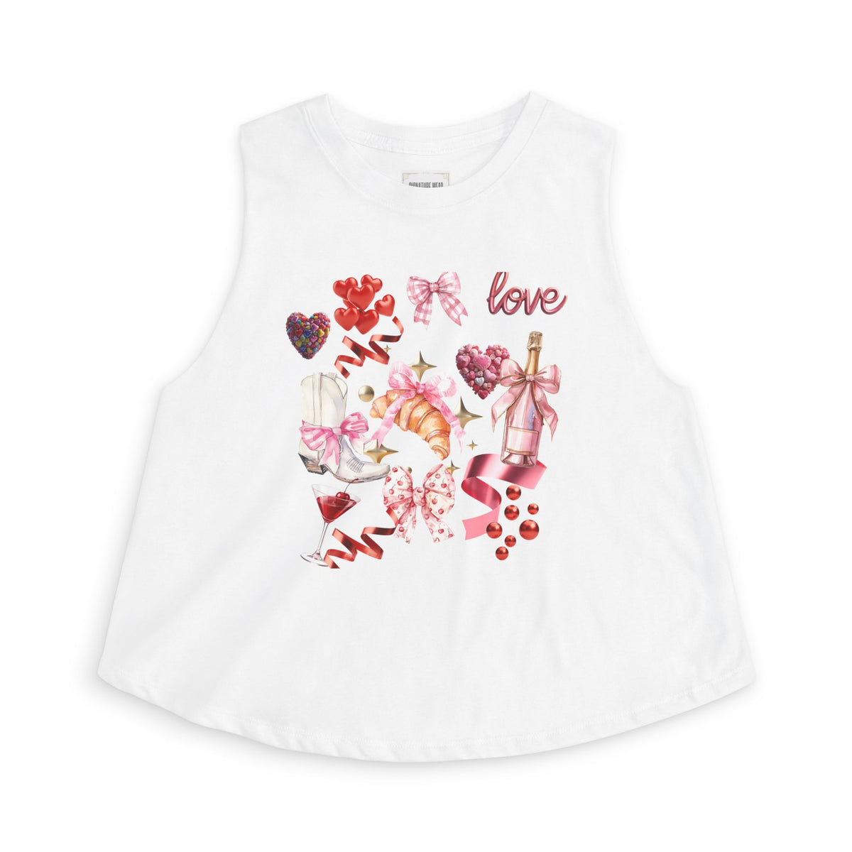Valentine's Love Collage Crop Top — Women's Romantic Heart & Champagne Graphic