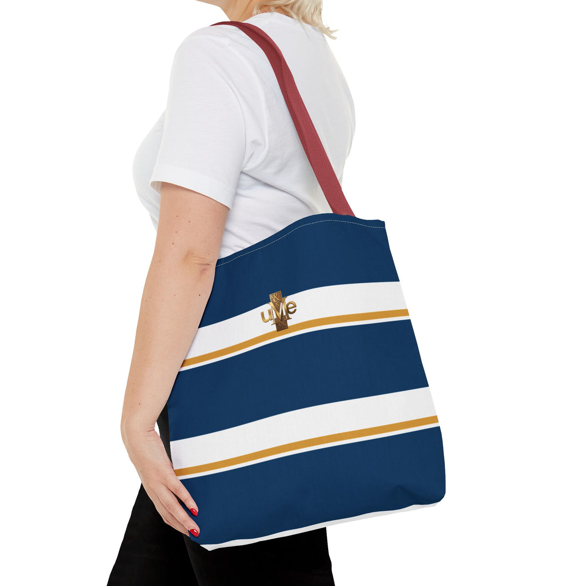 LIVE Cross Tote Bag — Navy & White Stripes with Gold Motif