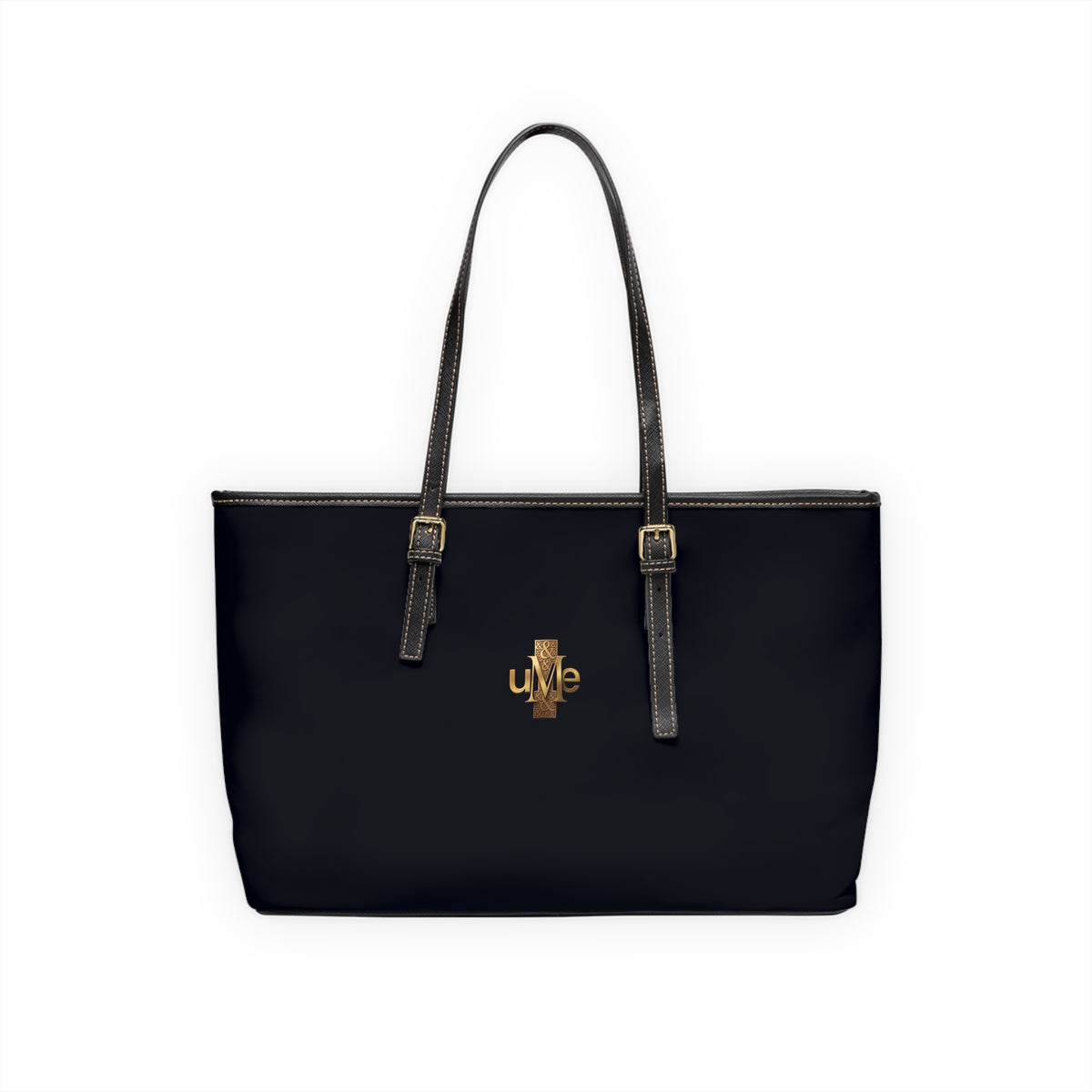 Black PU Leather Shoulder Bag with Gold Cross Logo — Elegant Tote for Everyday & Church
