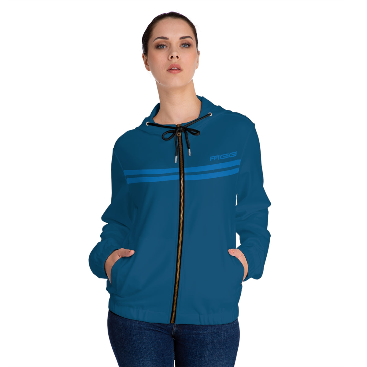 Women’s FFiGG Full-Zip Hoodie — Deep Blue Stripe All-Over Print