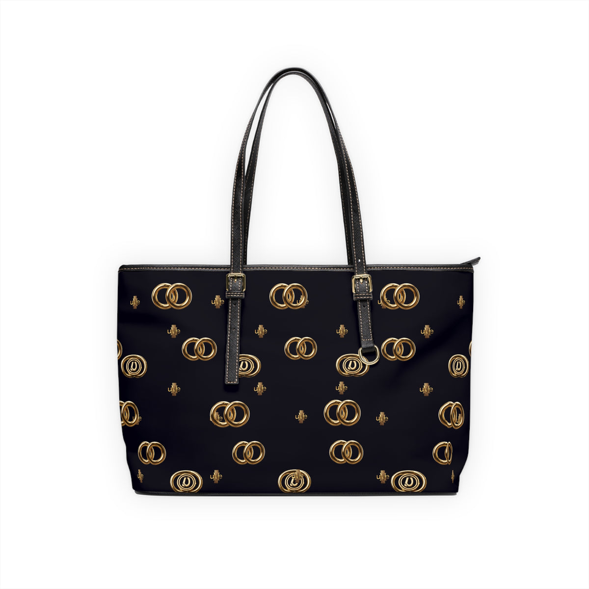 PU Leather Shoulder Bag — Black Gold Emblem Tote