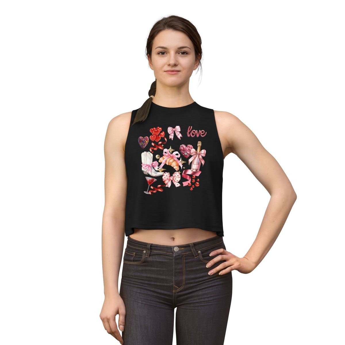 Valentine's Love Collage Crop Top — Women's Romantic Heart & Champagne Graphic