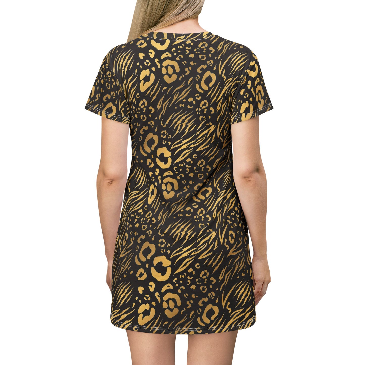cheetah Print T-Shirt Dress – All-Over Gold & Black Animal Pattern