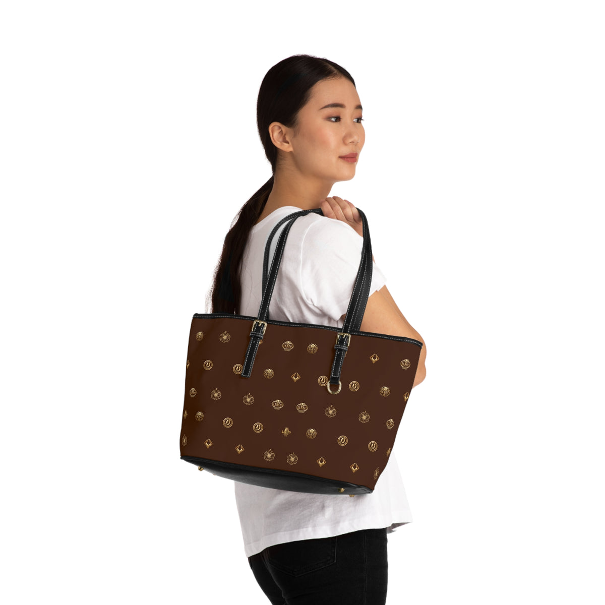 Brown Monogram PU Leather Shoulder Bag — Gold Emblem Print Luxe Tote